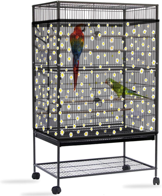 Daoeny Bird Cage Seed Catcher, Large Bird Cage Cover, Adjustable Soft Airy Nylon Mesh Net, Birdcage Cover Skirt Seed Guard for Parrot Parakeet Macaw African Round Square Cages (Black, Daisy Design)