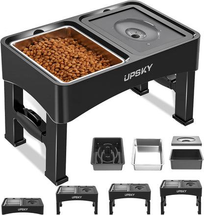 UPSKY 3-in-1 Elevated Dog Bowls Slow Feeder, Adjustable Stand, Stainless Steel Food & No Spill Pet Water Bowl for Small Medium Dogs
