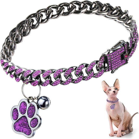 Hillban Cat Collar Diamond Chain Glitter Collar Walking Metal with Secure Buckle Cat Pet Necklace with Paw Charm and ID Tag Bell Link Cuban Jewelry Accessories(8 Inch,Steel Black, Purple)