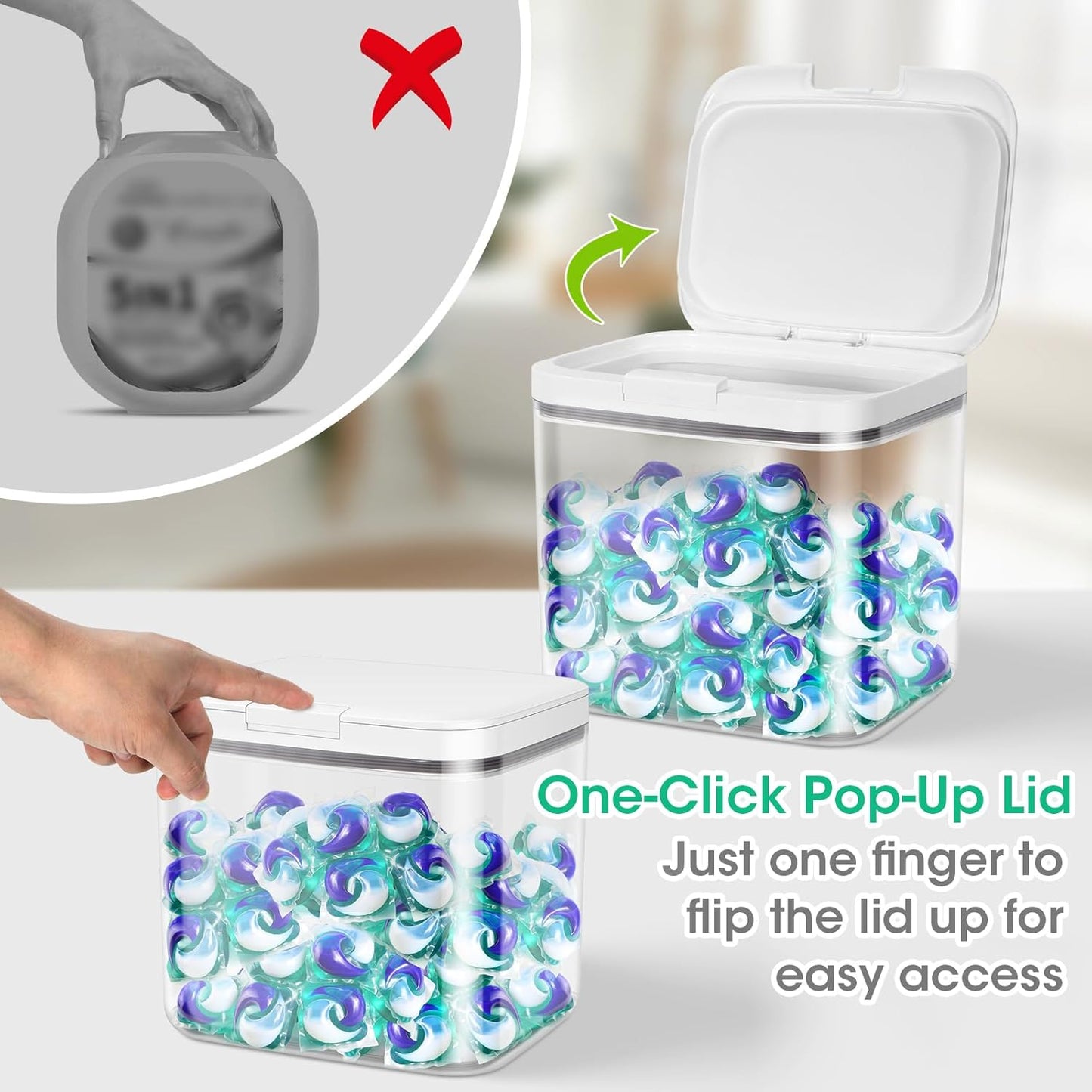 2 Pack Laundry Pods Container with One-Click Pop-up Lid, 95 oz + 68 oz Laundry Room Detergent Storage Container for Laundry Powder, Scent Booster, Dryer Sheet, Dryer Ball, Dishwasher Pod Holder