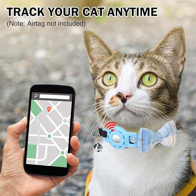 Airtag Cat Collar with Bells and Bowtie -Safety Elastic Band Kitten Collar for Apple Air Tag Holder- Cute GPS Cat Tracker Collars for Girl Boy Cats and Puppies, Adjustable 8"-12" Blue