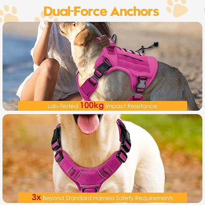 Heavy-Duty Tactical Dog Harness for Large Dogs, No Pull Adjustable Reflective Pet Vest with Molle System, K9 Military-Grade Control for Service Training, Outdoor & 10+ Breeds, Pink, XX-Large