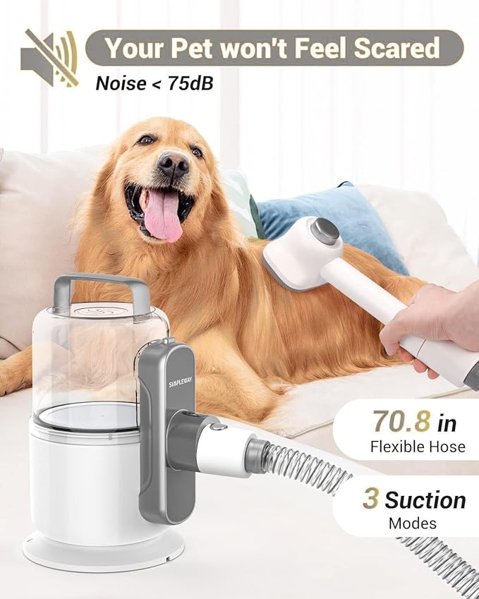 Dog Vacuum Grooming Kit for Shedding: Professional Hair Clippers Pet Groomer - Strong Suction Cleaner Deshedding Tool Fur Brush Attachment Trimmer for Home Cat (Cream White)