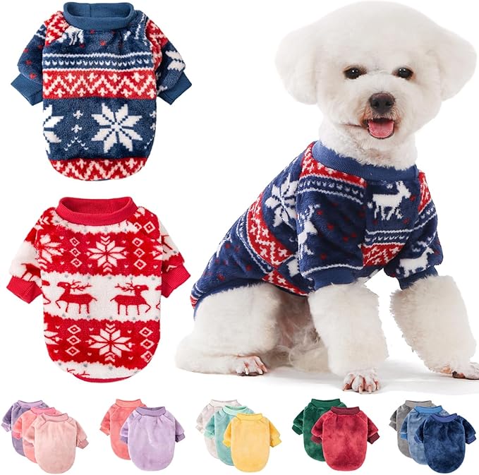 FabriCastle Christmas Dog Sweater, 2-Pack Dog Clothes XXS, Ultra Soft and Warm Pet Jackets for Small Dogs & Cats, Winter Pet Apparel Costumes, Puppy Outfits (Red,Blue, XX-Small)