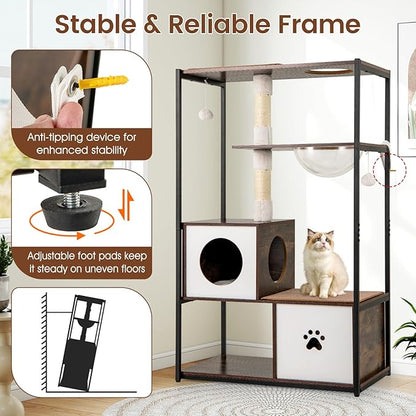 Tangkula Modern Cat Tree, 52 Inch Multi-Level Cat Tower with Metal Frame, 2 Wooden Condos, Sisal Scratching Posts, Detachable Cushion & Mats, Dangling Balls, Space Capsule Nest for Indoor Cats