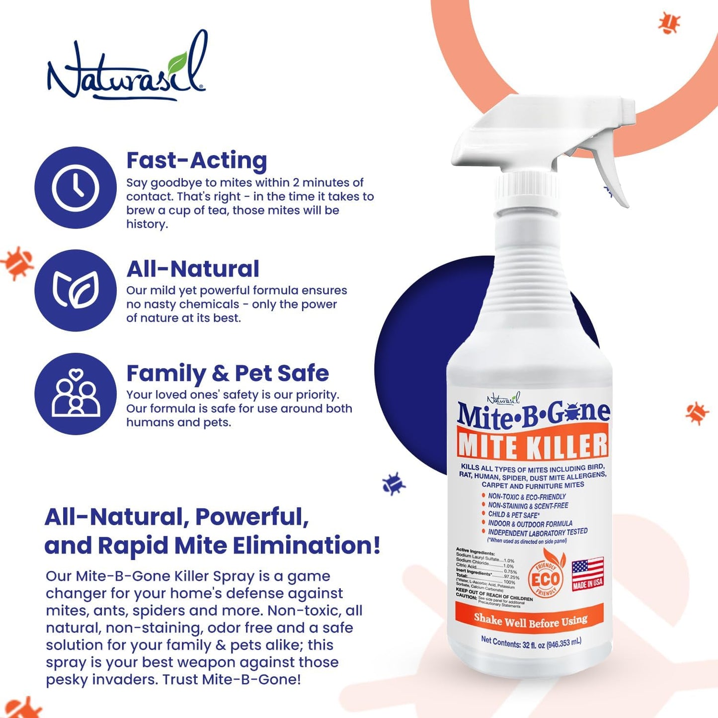 Mite Killer Spray by Mite-B-Gone — Kills Human Mites, Dust, Spider, Rat, Carpet & Bird Mites in Homes, Furniture, Bedding, Auto & On Animals | Non-Toxic | Kid & Pet Safe | 32oz Spray