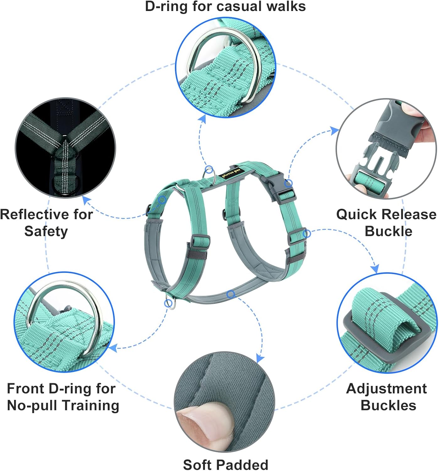 Plutus Pet No Pull Dog Harness, Adjustable Nylon Harness with Soft Padding, Reflective and Heavy Duty Dog Harness for Small, Medium, Large Dogs(Teal, S)