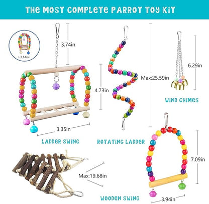 23pcs Bird Parakeet Cockatiel Toys,Parrot Swing Chewing Hanging Toy with Safe Bells,Bird cage Colorful Climbing Standing Rope Natural Wood Ladder Bungee Toys
