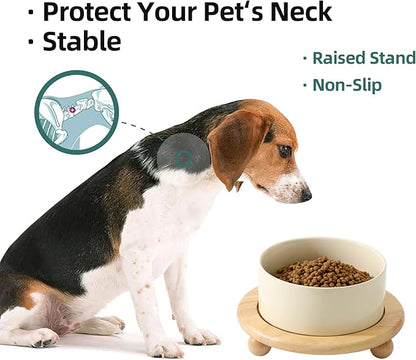 Ceramic Elevated Dog Food and Water Bowl, Kitty Bowl, Raised Dog Dish, Pet Feeder (6inch, 1 x Beige + Stand)