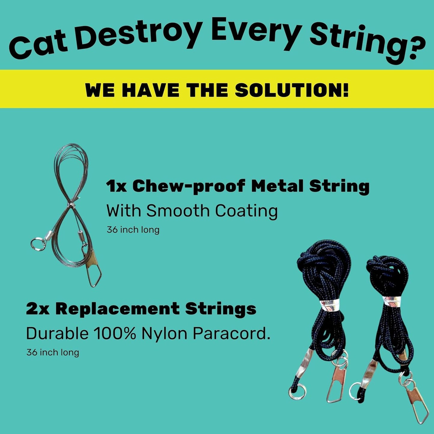 Replacement Strings for Cat Wand Toy - 3-Pieces - Chew-Proof Metal String Wire and 2 Durable Paracord Strings - Heavy Chewers Pack Cat Wand Toy Refill Strings (6 Replacement Strings)