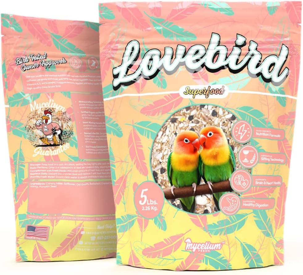 Mycelium Organic Lovebird Superfood (5 LB Bag) | High-Energy Bird Seed for Lovebirds | Premium Seeds, Grains & Superfoods for Brain, Heart, & Digestive Health | Non-GMO, USA Made, No Fillers