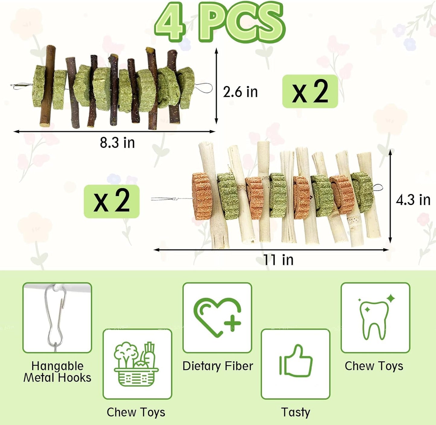 Hamiledyi 4PCS Bunny Chew Toys Rabbit Hanging Toys for Teeth Grinding Natural Apple Wood Sweet Bamboo Sticks Timothy Grass&Carrot Cake for Chewing/Improving Rodent Animals Dental Health