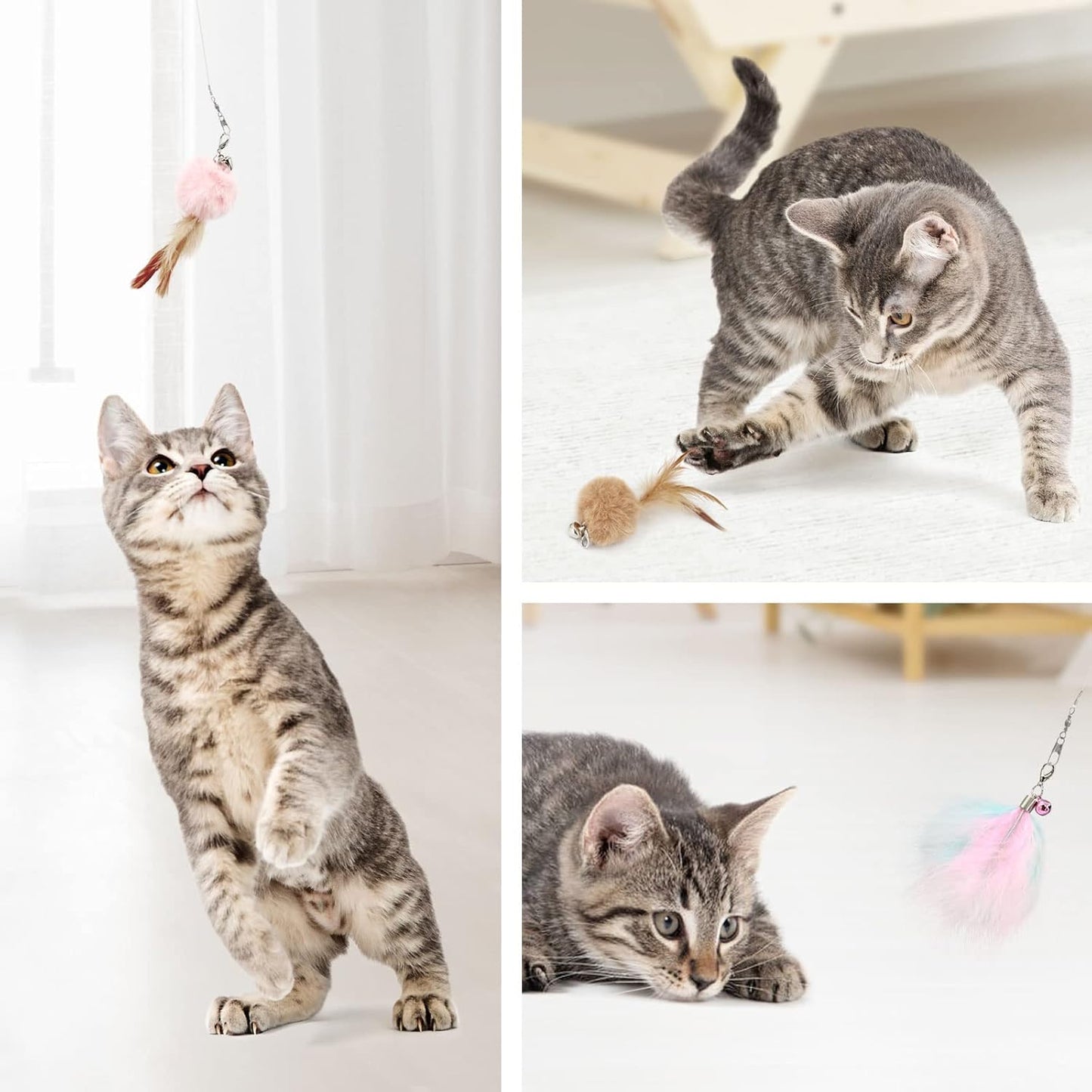 SONGWAY Interactive Cat Feather Toys - 7 PCS Cat Toys Set for Indoor Cats, Retractable Wand with Feather Tail Toy Refills, Kitten Toys Gift, Pink