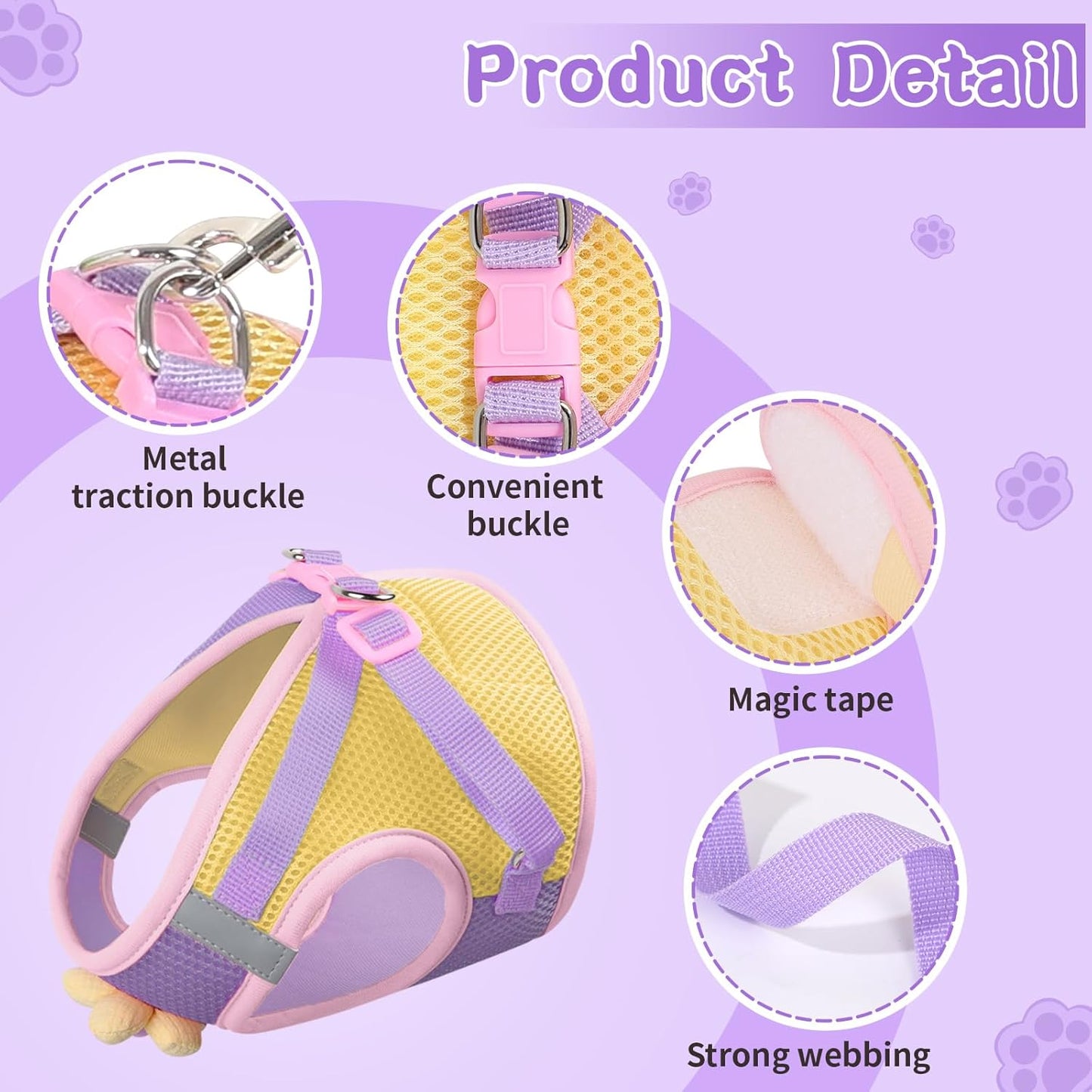 Cat Harness and Leash Set for Walking Escape Proof, Adjustable Kitten Harness Breathable Mesh with Reflective Strips Harness with Flower for Kitty Puppy Bunny Purple S