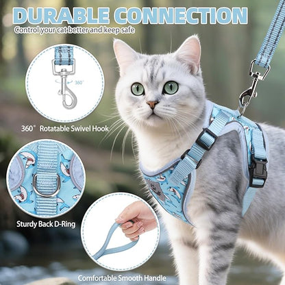 PUPTECK Cat Harness and Leash Set Escape Proof Reflective Cat Walking Harness Adjustable Soft Breathable Mesh Vest for Small Pets, Blue Sharks, S