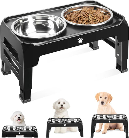 Elevated Dog Bowls 3 Height Adjustable Raised Bowl Stand with 25oz Stainless Steel Dog Food Bowls Anti-Slip for Small Dogs Adjusts to 7.5", 6", 2.75", Black