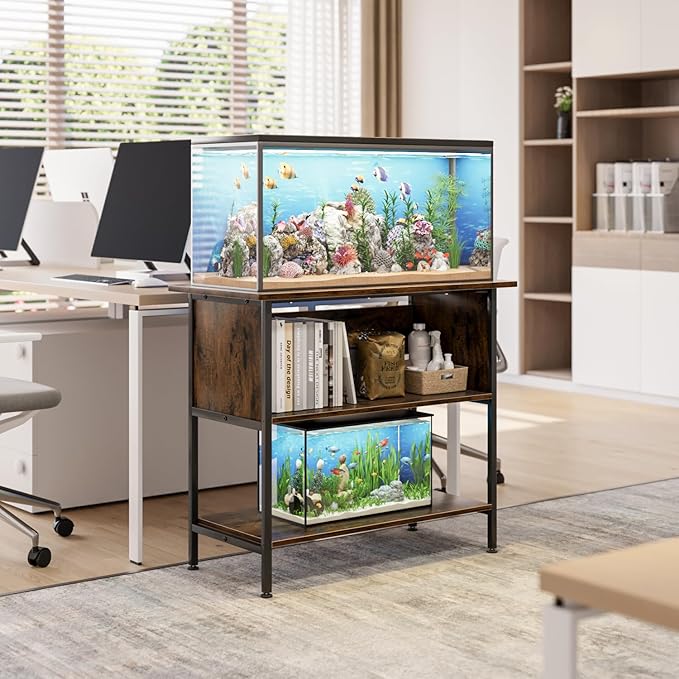 APPLOYN 40-50 Gallon Fish Tank Stand, Aquarium Stand with 3-Tier Storage Shelf, Heavy Duty Metal Frame for Turtle Reptile Terrarium Tank Stand, for Living Room, Office, 36.6" L x 18.9" W x 31.5" H, Black, Vintage Brown