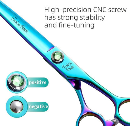 Fenice Peak 7.5'' Green Straight Dog Grooming Scissors Pet Shears with Ergonomic Offest Handle and Simulated Emerald Screw 440C Grooming Scissors Trimming Shears Durable and Sharp