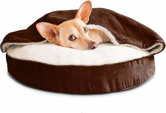 Furhaven 26" Round Orthopedic Dog Bed for Medium/Small Dogs w/ Removable Washable Cover, For Dogs Up to 30 lbs - Sherpa & Suede Snuggery - Espresso, 26-inch