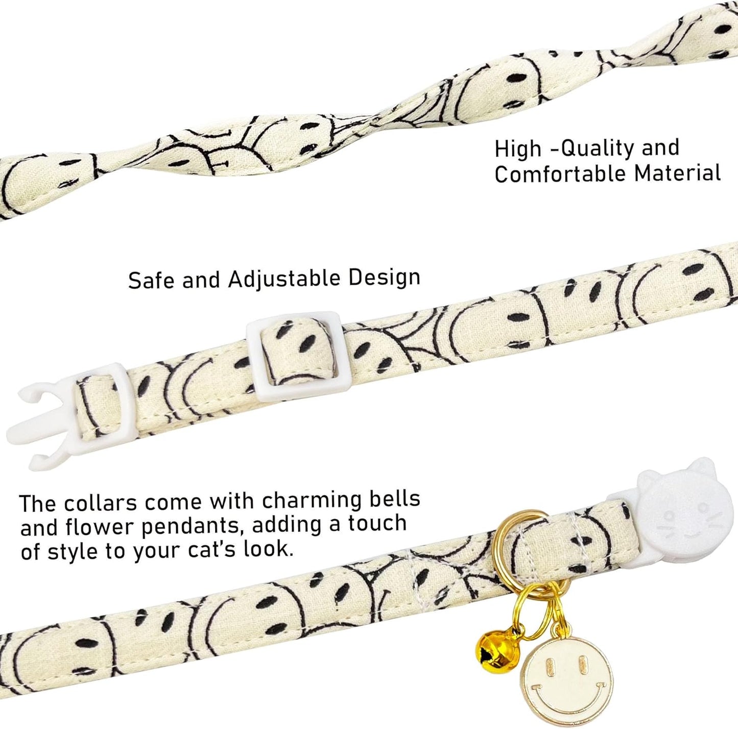 2 Pack Cotton Breakaway Cat Collars Set with Bell and Flower Pendant, Cute Floral Fruit Patterned, Adjustable 7.5-11Inch, Include A Mouse Toy Gift (Smile face)