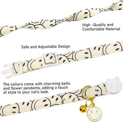 2 Pack Cotton Breakaway Cat Collars Set with Bell and Flower Pendant, Cute Floral Fruit Patterned, Adjustable 7.5-11Inch, Include A Mouse Toy Gift (Smile face)