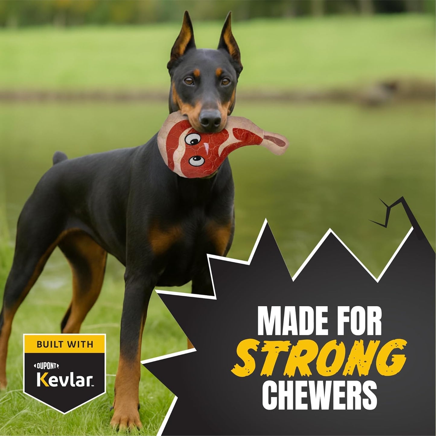 Bite Force - Durable & Strong Dog Toy Ribby with Squeaker, Kevlar-Reinforced Seams for Aggressive chewers- Red.