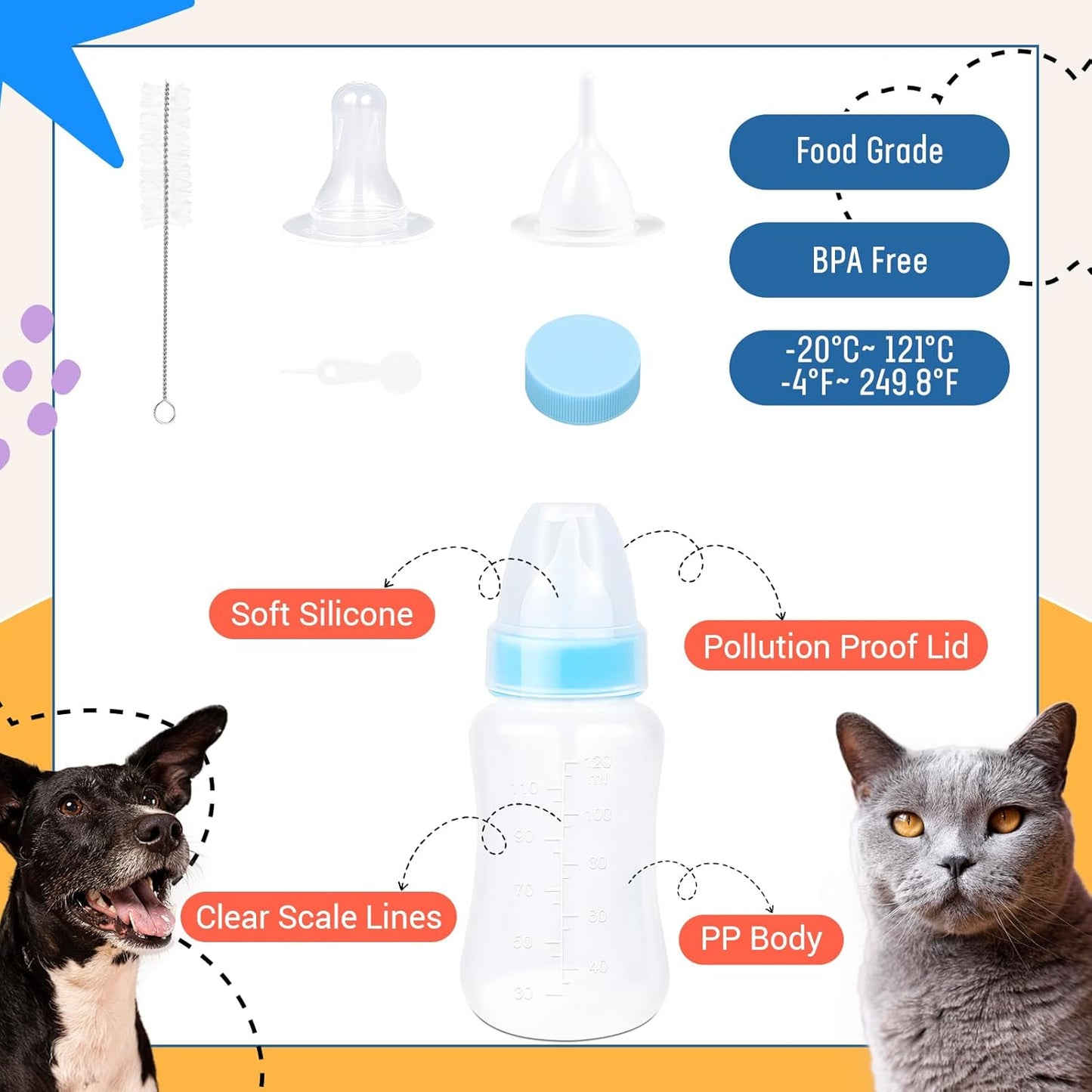 DEMORA Kitten Bottle Feeding Kit, Graduated Nursing Feeding Bottles for Pet Kitten Puppy Hamster Rabbit with Two Kinds of Replaceable Nipples Feeder (Clear, 4 oz)