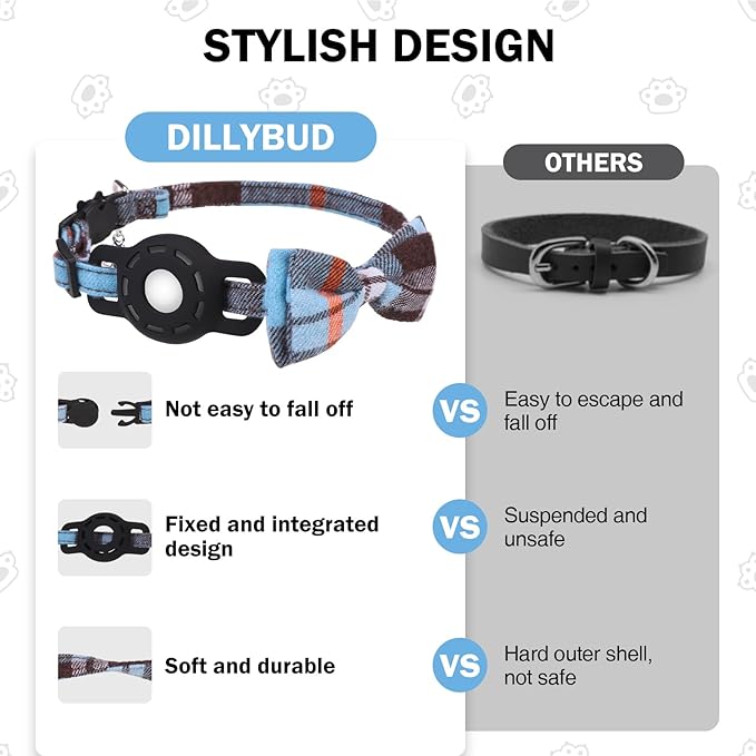 Airtag Cat Collar with Bells, Kitten Collar Breakaway for Girl Boy Cats, Safety Cat Collars with Bow Tie, Cat Collar Airtag Holder for Small Dogs Pets, 1 Pack Adjustable Plaid Design, Blue