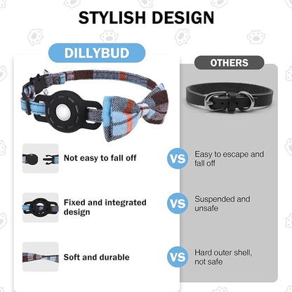 Airtag Cat Collar with Bells, Kitten Collar Breakaway for Girl Boy Cats, Safety Cat Collars with Bow Tie, Cat Collar Airtag Holder for Small Dogs Pets, 1 Pack Adjustable Plaid Design, Blue