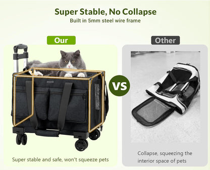Pecute Cat Carrier with Wheels,Steel Wire Frame Cat Carrier, Stable Pet Trolley Bag for Cats, Pet Handbag and Stroller, Portable Cat Carrier Bag for Car Travel Bus Subway, Dark Grey