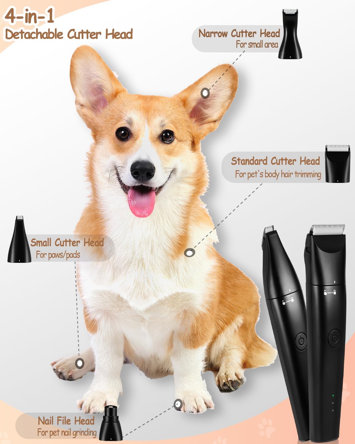 4 in 1 Dog Clippers for Grooming Paw Trimmer, USB-C Rechargeable Dog Grooming Clipper Kit Nail Ginder with Two Speeds, Cordless Pet Cat Trimmer Shavers for Thick Hairs for Poodle, Small Pets