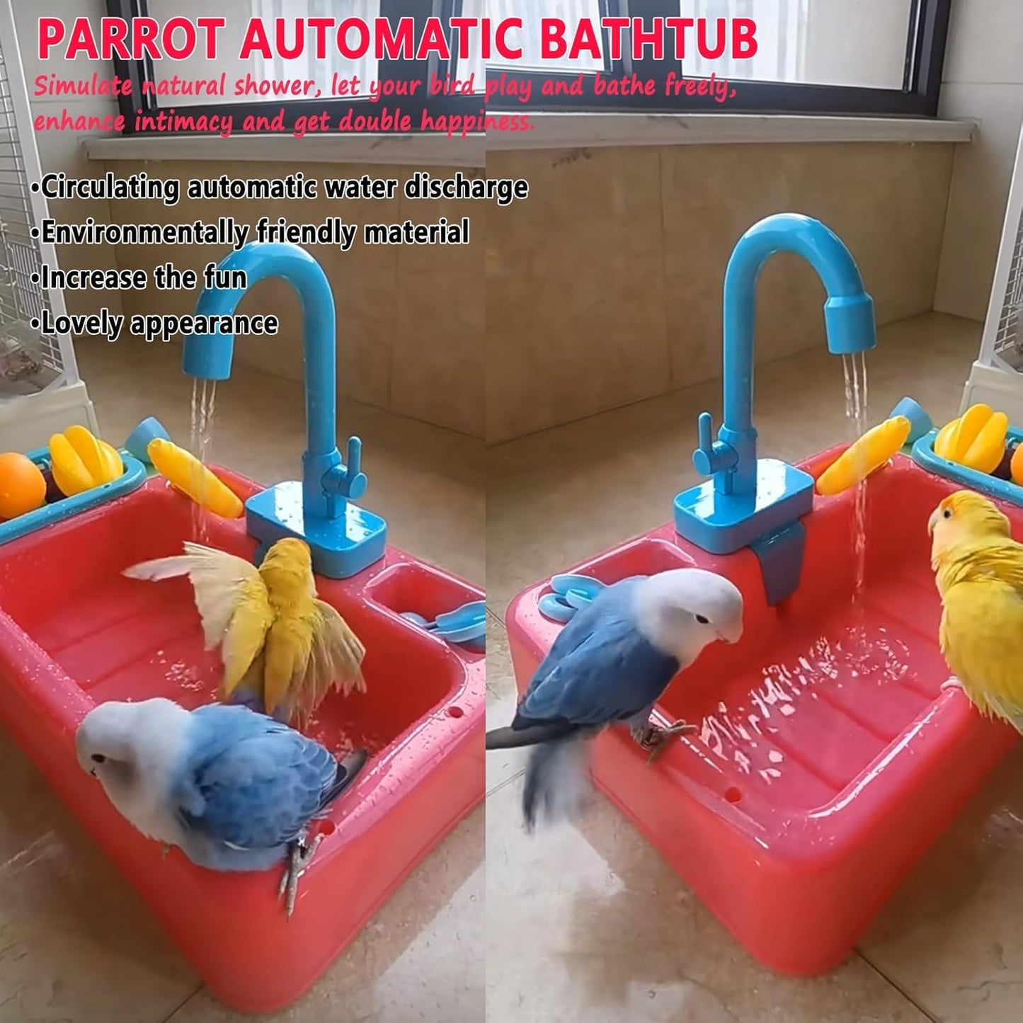kathson Parrot Bathtub,Automatic Bird Shower Box,Multifunctional Parakeet Bathtub with Faucet,Bird Bathing Tub Pool Toy for Small Medium Birds Cockatiel Lovebird Budgie（Red-Orange）