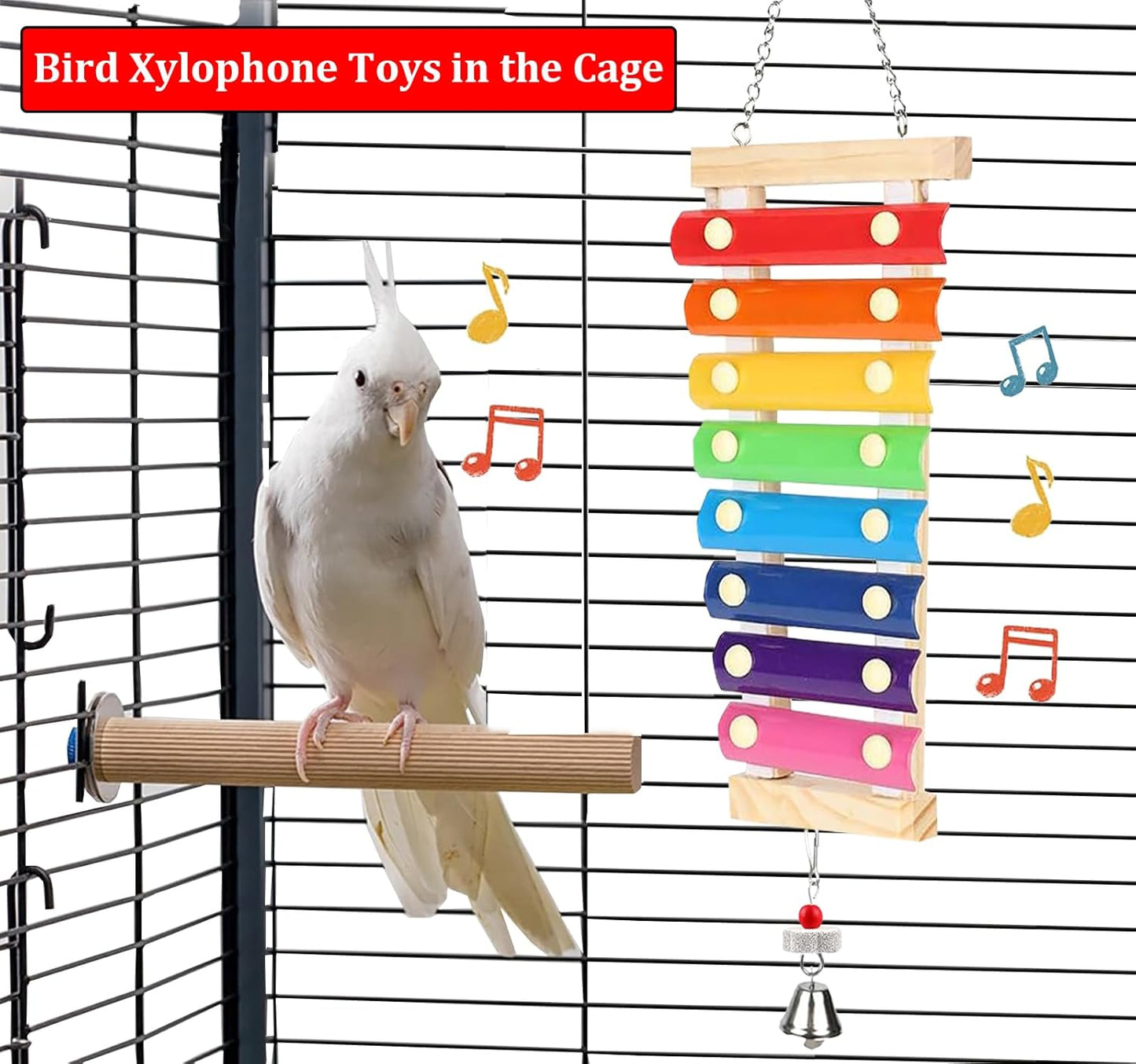 Large Parrot Suspensible Xylophone Toy, Multicolored Natural Wooden Bird Chewing Toys with Grinding Stone for Large, Medium Birds, Macaws, African Grey, Cockatoos, Amazon