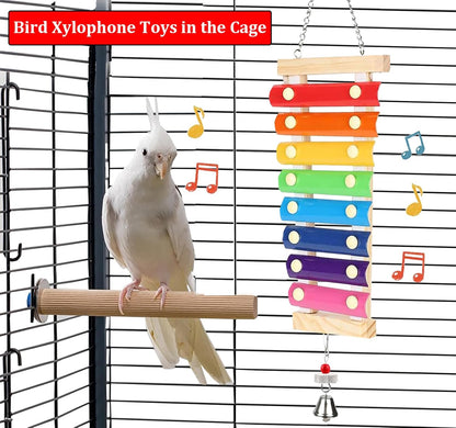 Large Parrot Suspensible Xylophone Toy, Multicolored Natural Wooden Bird Chewing Toys with Grinding Stone for Large, Medium Birds, Macaws, African Grey, Cockatoos, Amazon