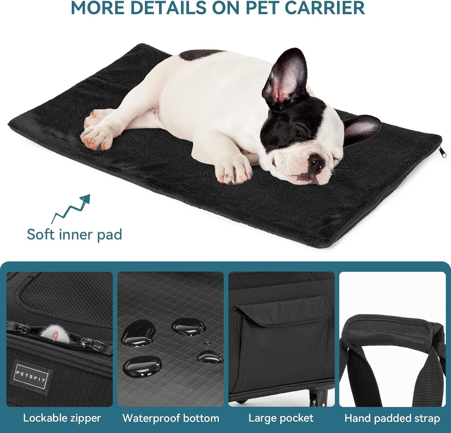 PETSFIT Extra Large Pet Carrier with Wheels- Rolling Dog Carrier for 2 Small Dogs, Large Cat Carrier on Wheels with Adjustable Safety Rope & Waterproof Bottom (𝑵𝒐𝒕 𝑨𝒊𝒓𝒍𝒊𝒏𝒆 𝑨𝒑𝒑𝒓𝒐𝒗𝒆𝒅)