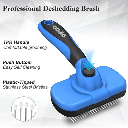 Self-Cleaning Brush for Pet Deshedding - Skin-Friendly Grooming Tool for Dogs and Cats, Blue