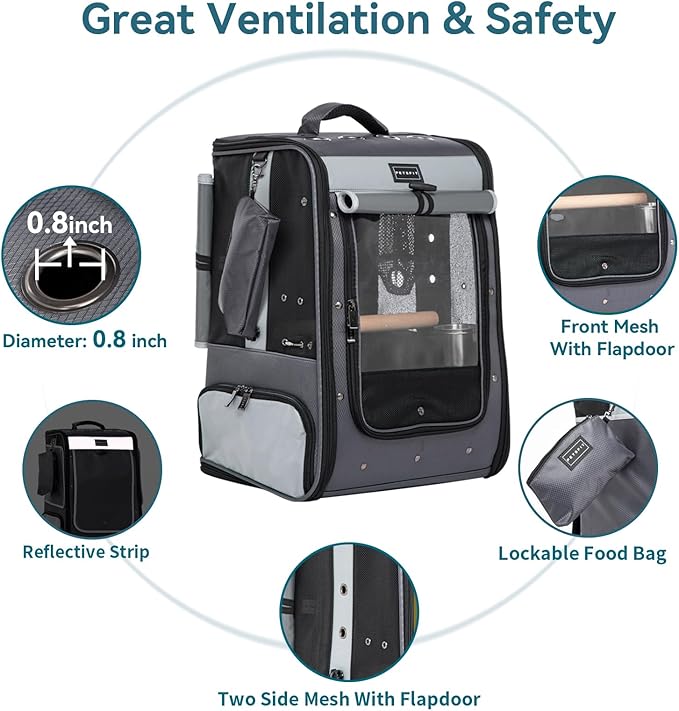 Petsfit Bird Carrier with Shade Cover,Adjustable Height Standing Perch and Great Ventilation, Fit for Medium/Large Sized Birds(Large, Grey1)