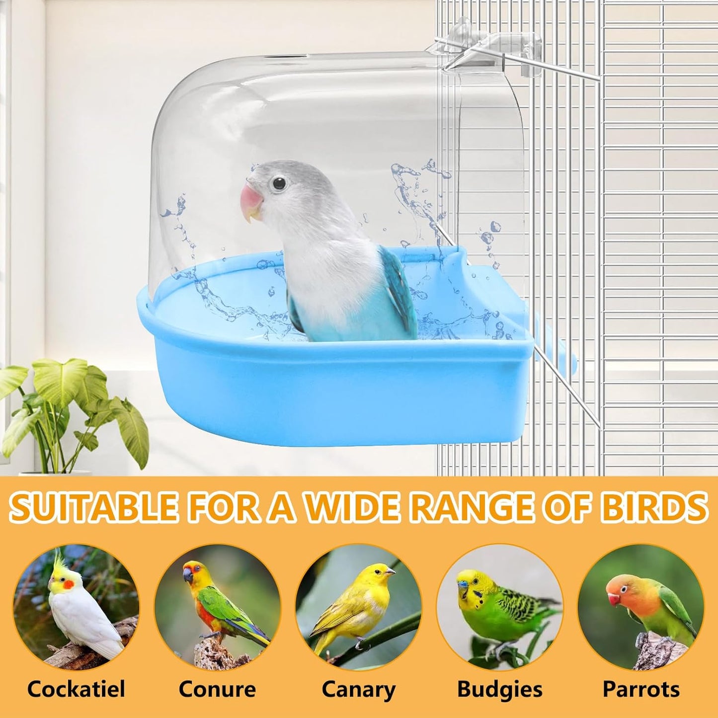 Tfwadmx 3Pcs Bird Bath for Cage Hanging Parakeet Bath Box Clear Bird Bathtub Water Shower Food Feeder Bathing Tub for Cockatiel Conure Canary Budgies