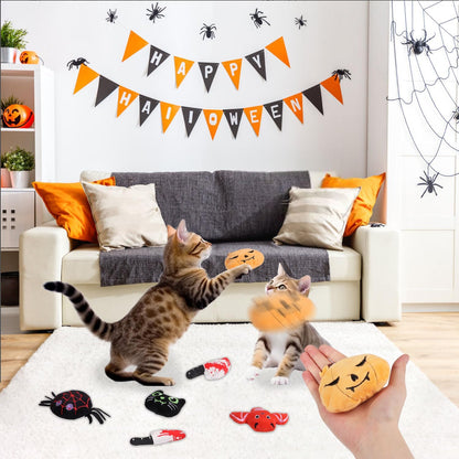 LOMIMOS 6Pcs Halloween Catnip Toys,Cat Toys Chew Bite Plush Toy with Crinkle Paper Kitten Pumpkin Spider Bat Knife for Indoor Interactive Play & Exercise