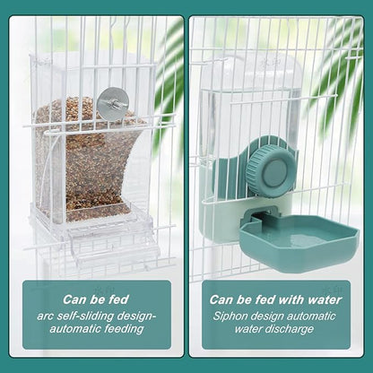 No Mess Bird Feeder Water Dispenser Set, Automatic Parrot Feeder Drinker Cage Accessories, for Parakeets, Cockatiels, Budgies, Macaws, Lovebirds, Canaries - Cage Mounted/External Hanging (Aqua)