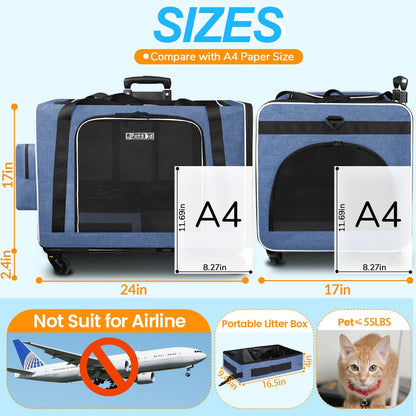 Petskd Extra Large Cat Carrier with Wheels and Litter Box 24"x17"x17" for Large Cat or 2 Small Cats, Collapsible Soft Sided Pet Carrier for Car Travel with Lockable Safety Zippers(Blue)