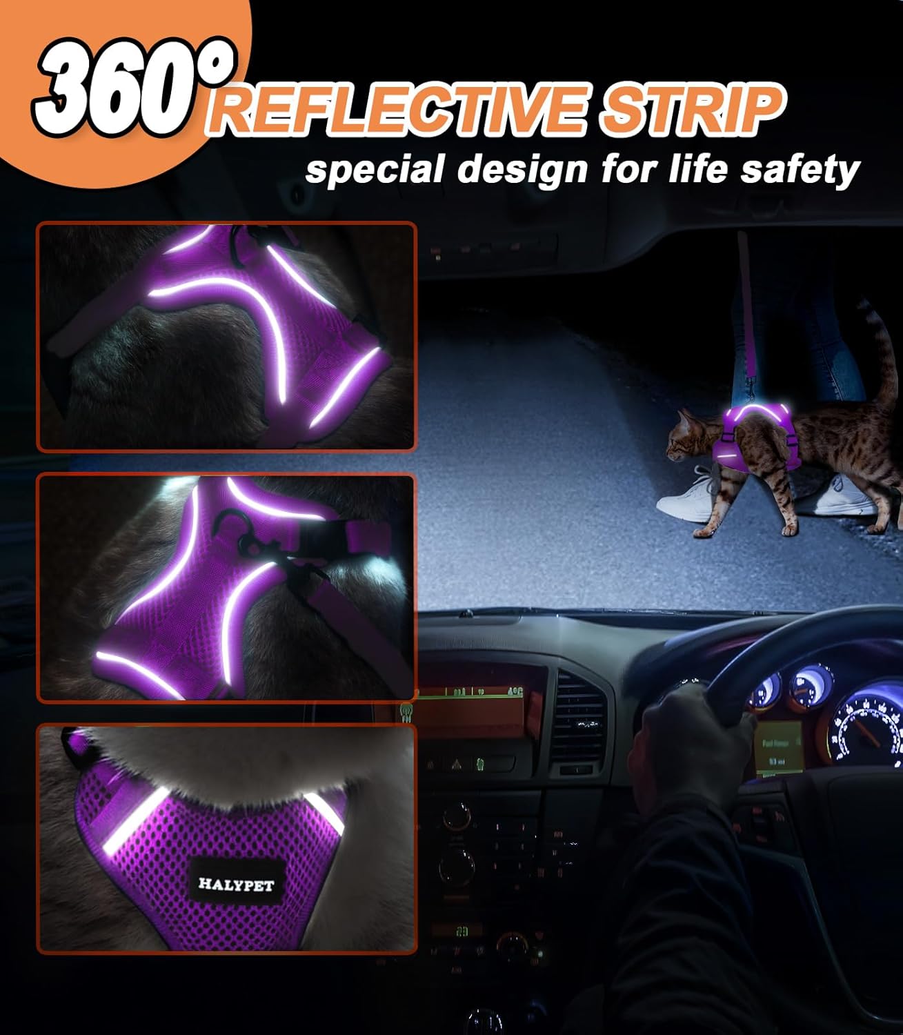 Halypet Cat Harness and Leash Set [ MAX Safety Third Generation ] Escape Proof Soft Adjustable Cat Leash Breathable Comfortable Vest Easy to Wear Kitten Harness for Outdoor Walking Purple Small