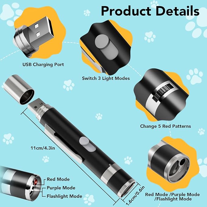 Cat Toy Pointer, 2 Pieces, USB Rechargeable with 7 Adjustable Patterns, Interactive Chase Toys for Indoor Cats & Dogs, Training & Exercise Fun (Black)