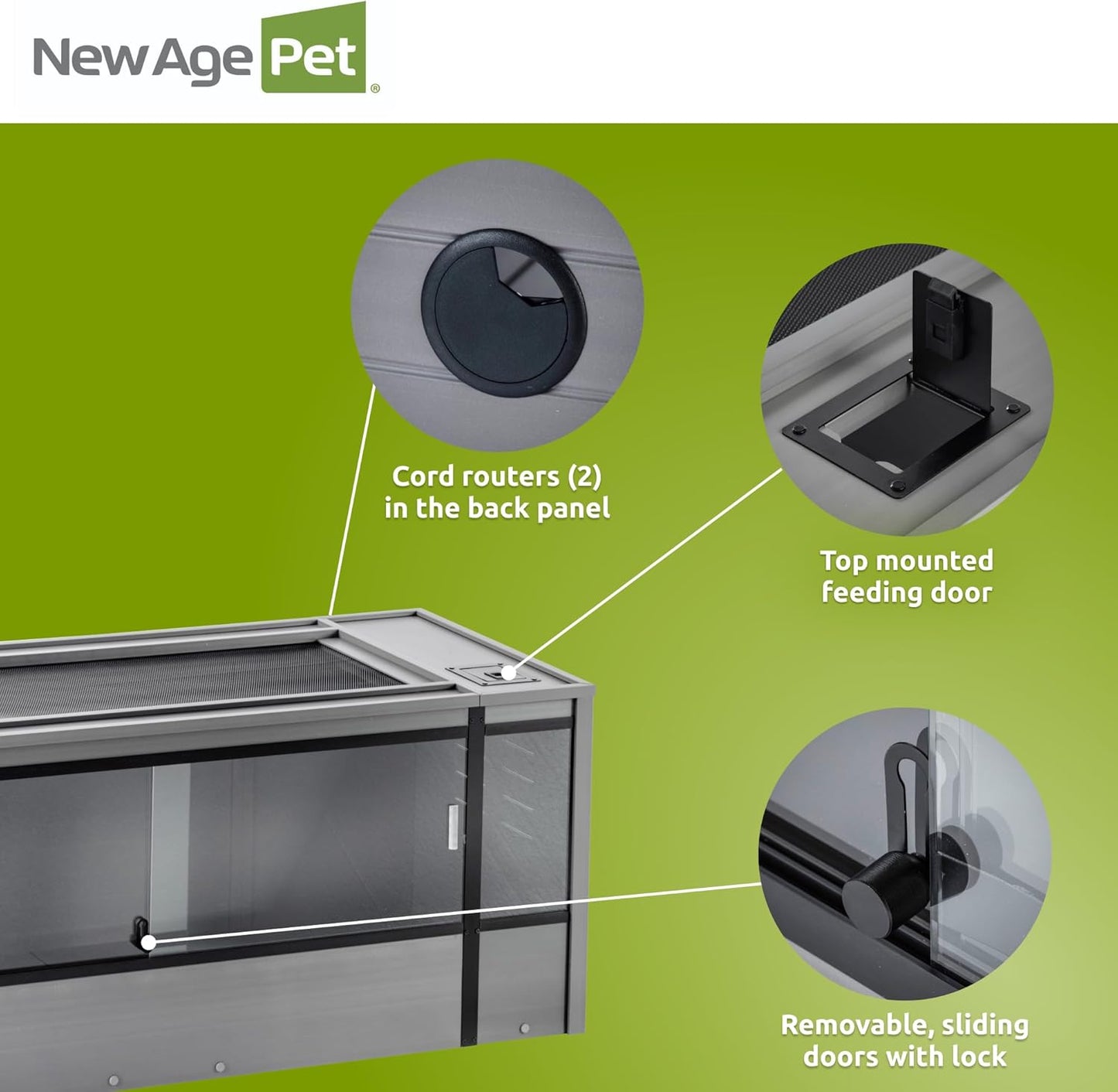 New Age Pet ECOFLEX 60-Inch Mojave Reptile Lounge in Grey- Durable, Moisture-Resistant Wood Plastic Composite Habitat with Vented Side Panels, Removable Sliding Glass Doors & Lock