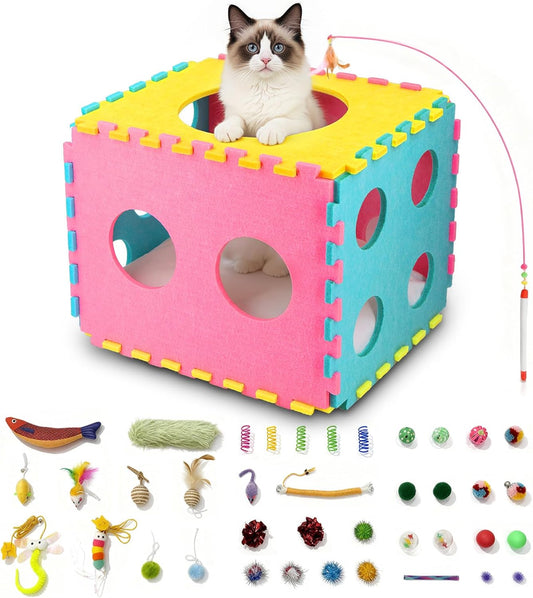 Cat Houses with 40 Cat Toys for Indoor Cats, Cute Cat Bed Cave for Multiple Large Cats, Kitten Toys for Indoor Kittens, 17 Inches