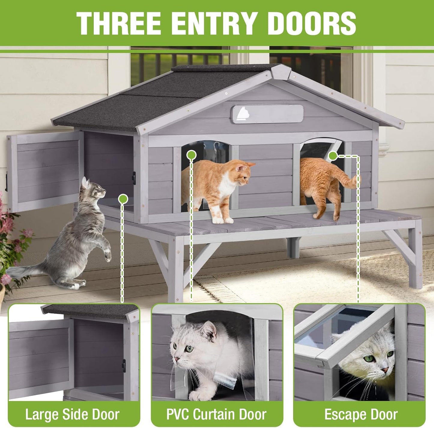 GUTINNEEN Large Outdoor Cat House Insulated Cat House Indestructible Weatherproof Feral Cat Shelter with Openable Hinged Roof, Escape Doors for 1-4 Feral Barn Cats in Winter (43.5"x31.1"x31.2")