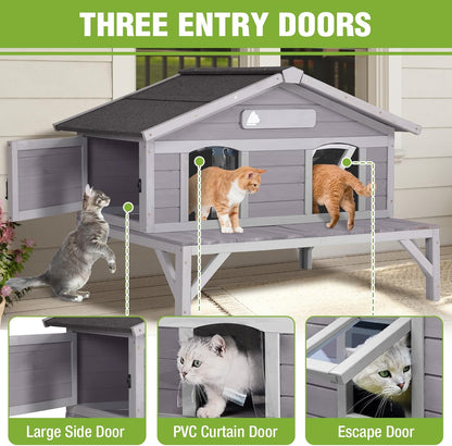 GUTINNEEN Large Outdoor Cat House Insulated Cat House Indestructible Weatherproof Feral Cat Shelter with Openable Hinged Roof, Escape Doors for 1-4 Feral Barn Cats in Winter (43.5"x31.1"x31.2")
