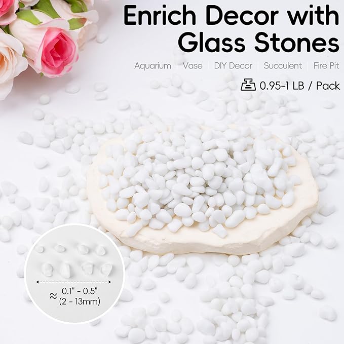 Meschett Colorful Glass Stones, 1 LB Fish Tank Gravel, Small Irregular Rainbow Aquarium Gravel for Aquarium Decorations and Turtle Tank, Sea Glass Beads Crystals for Fish Bowl, Vase Filler,White