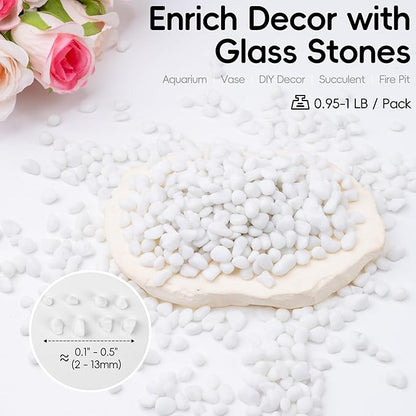 Meschett Colorful Glass Stones, 1 LB Fish Tank Gravel, Small Irregular Rainbow Aquarium Gravel for Aquarium Decorations and Turtle Tank, Sea Glass Beads Crystals for Fish Bowl, Vase Filler,White