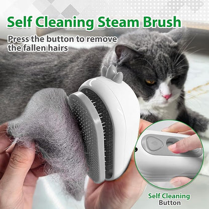 Cat Steam Brush with Release Button, 3 in 1 Rechargeable Pet Spray Water Comb for Long & Short Hair Removal, Self Cleaning Slicker Vapor Brush for Indoor Cats Dogs Rabbits Shedding Grooming